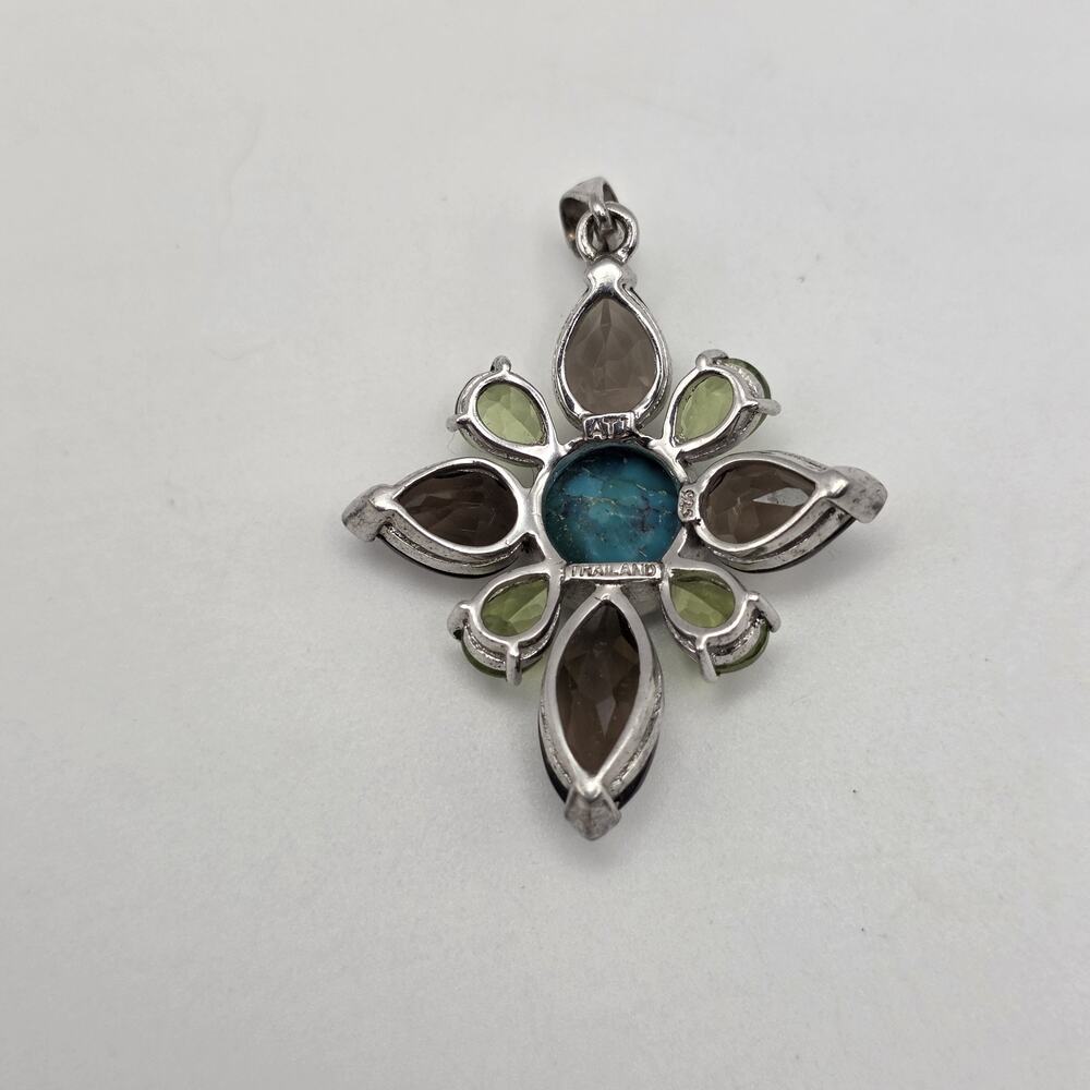 ATI Thailand Sterling Silver Turquoise Peridot Quartz Flower Pendant - Picture 7 of 11
